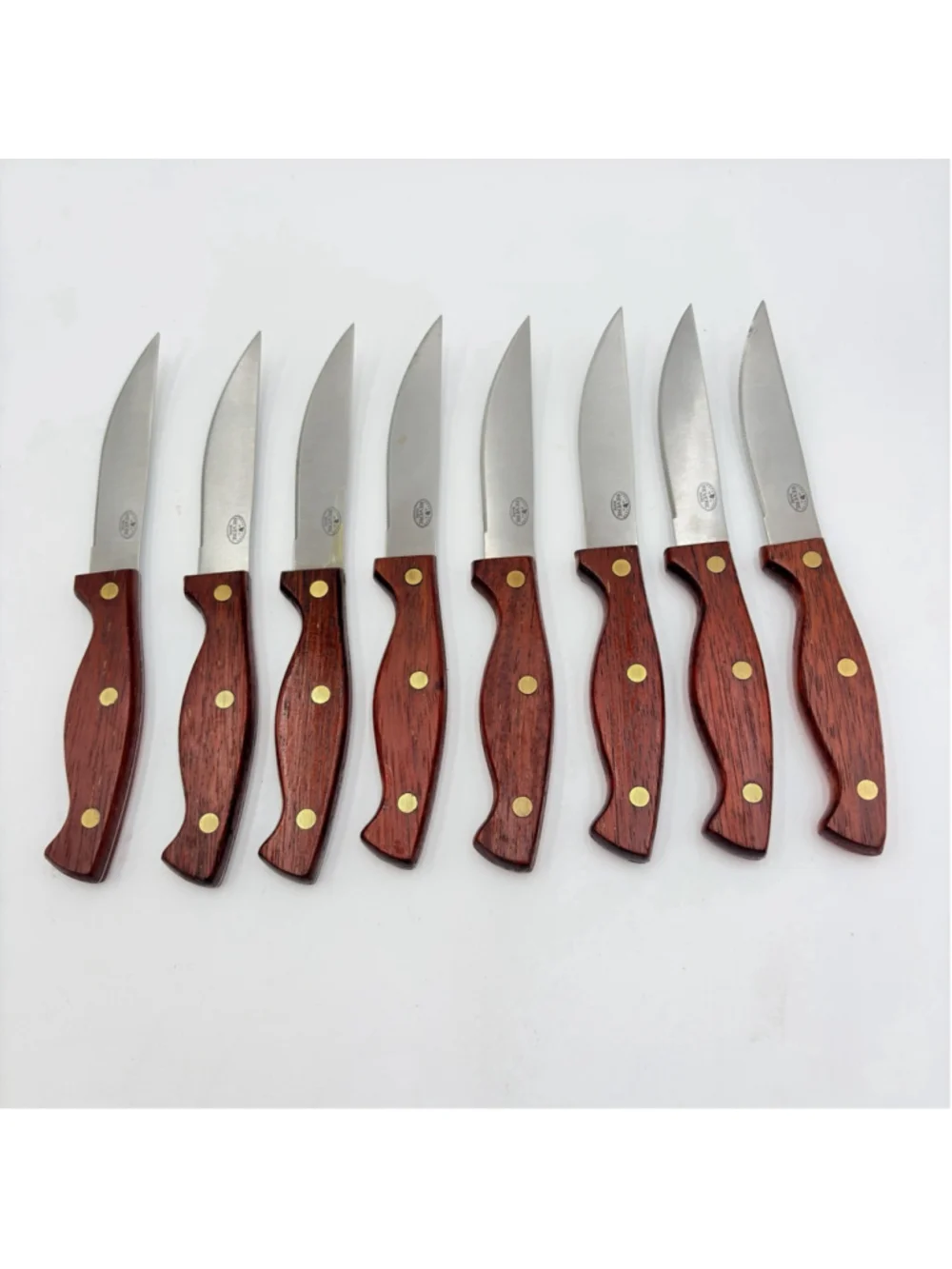 REVERE WARE 1801 Set of 8 STEAK KNIVES Serrated Stainless Wood Handles 9”